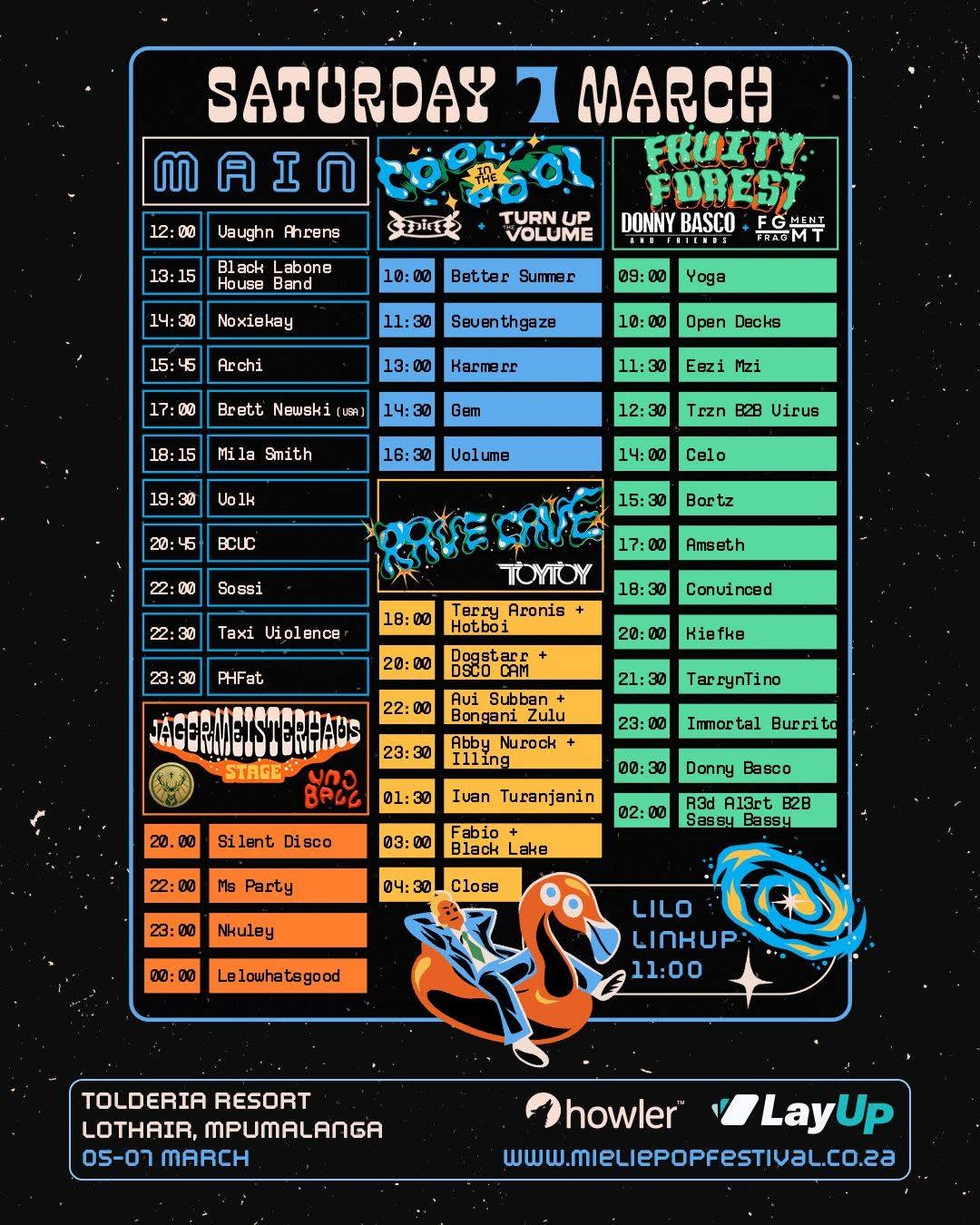 Official Mieliepop 2026 Saturday lineup showing Mila Smith on the Main Stage at 18:15